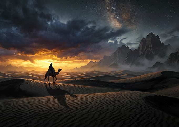 Lone Traveler in Desert at Night