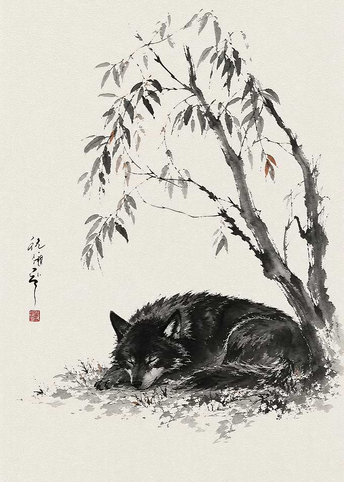 Sleeping Wolf Under Willow Tree
