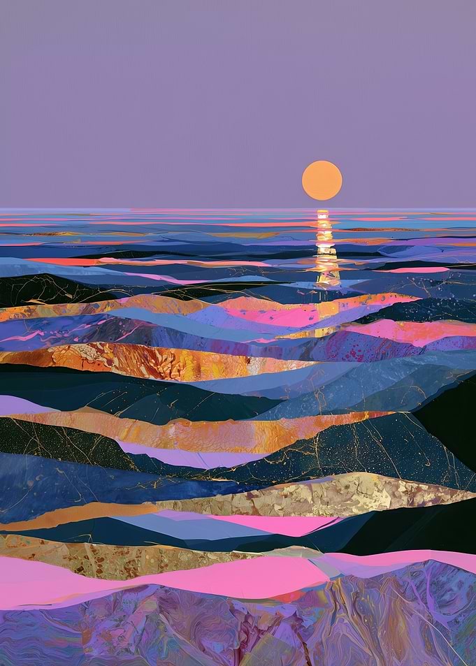 Abstract Sunset Over Layered Ocean Waves