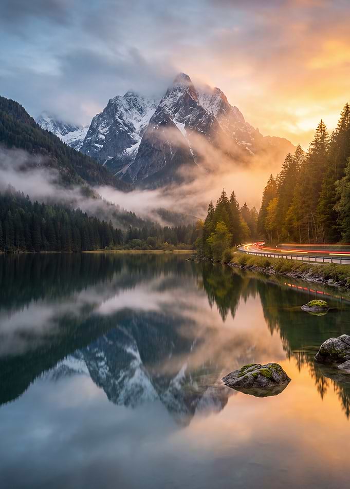 Mountain Lake Sunset with Light Trails