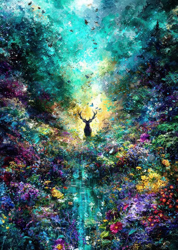 Majestic Stag in Enchanted Floral Forest