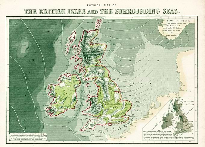 Vintage Physical Map of British Isles (1851)