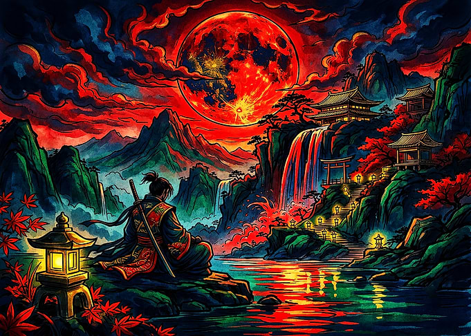 Samurai Meditating Under Blood Moon