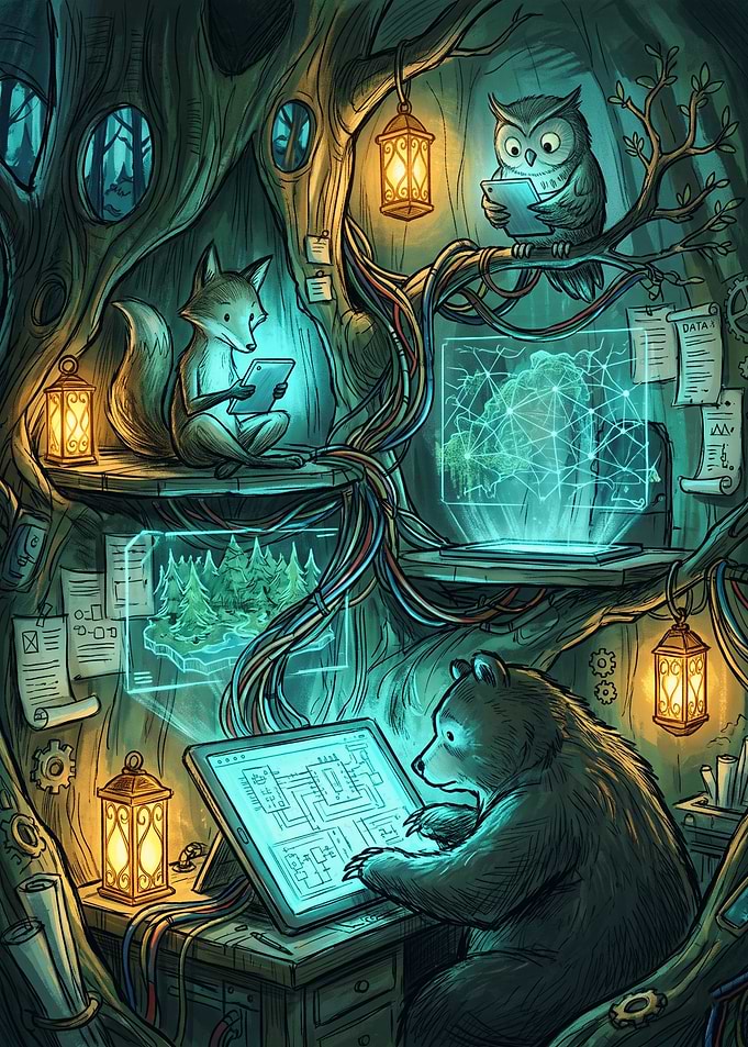 Forest Animals Working in High-Tech Treehouse