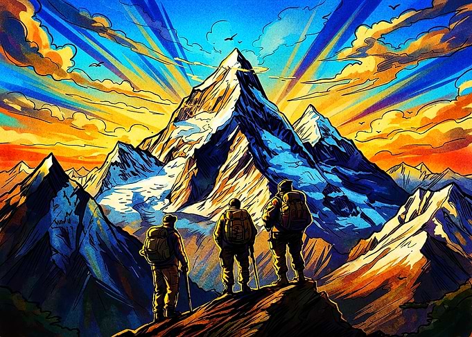 Hikers Reaching Mountain Peak at Sunrise