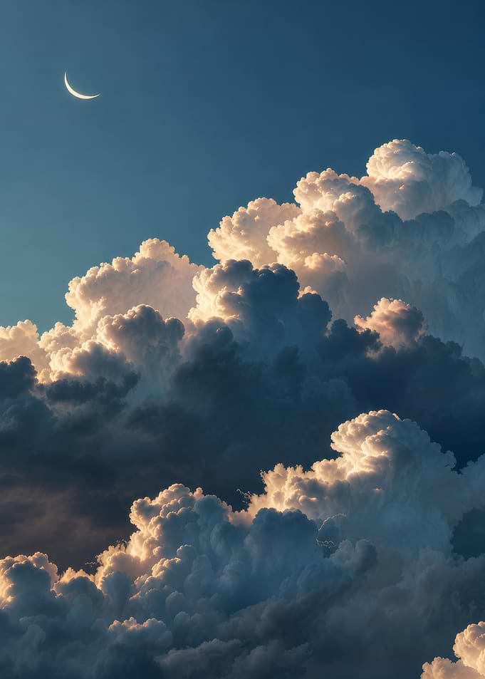 Crescent Moon Above Towering Clouds