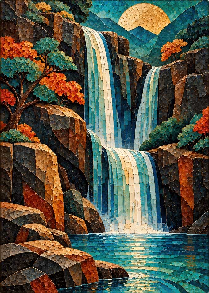 Mosaic Waterfall Landscape with Golden Sun