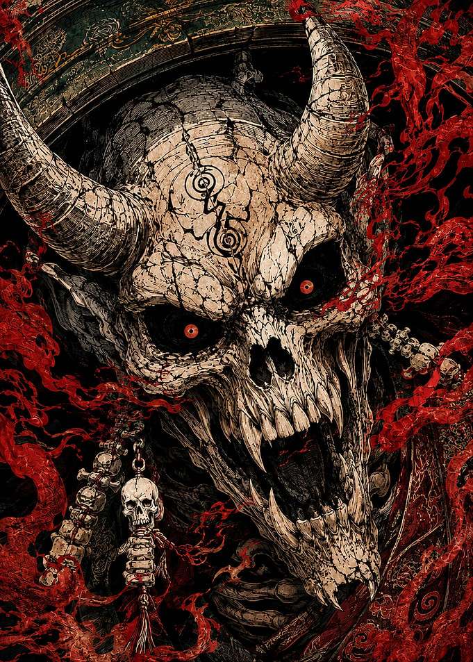 Crimson Spirits Around a Demon Skull