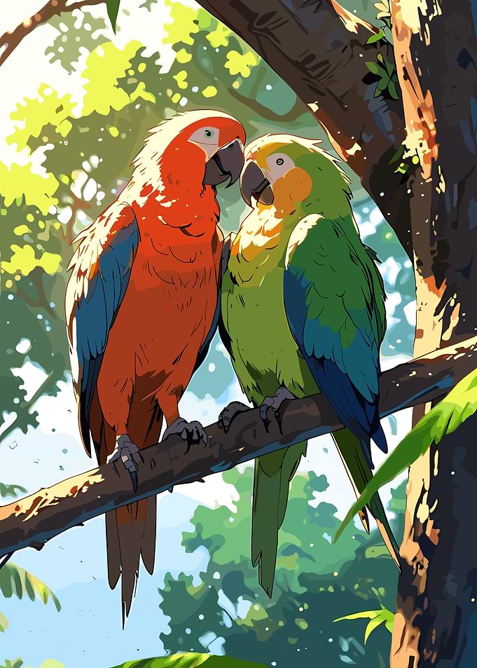 Two Colorful Parrots Perched Together