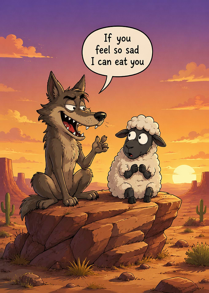 Wolf Offering Comfort to Sad Sheep
