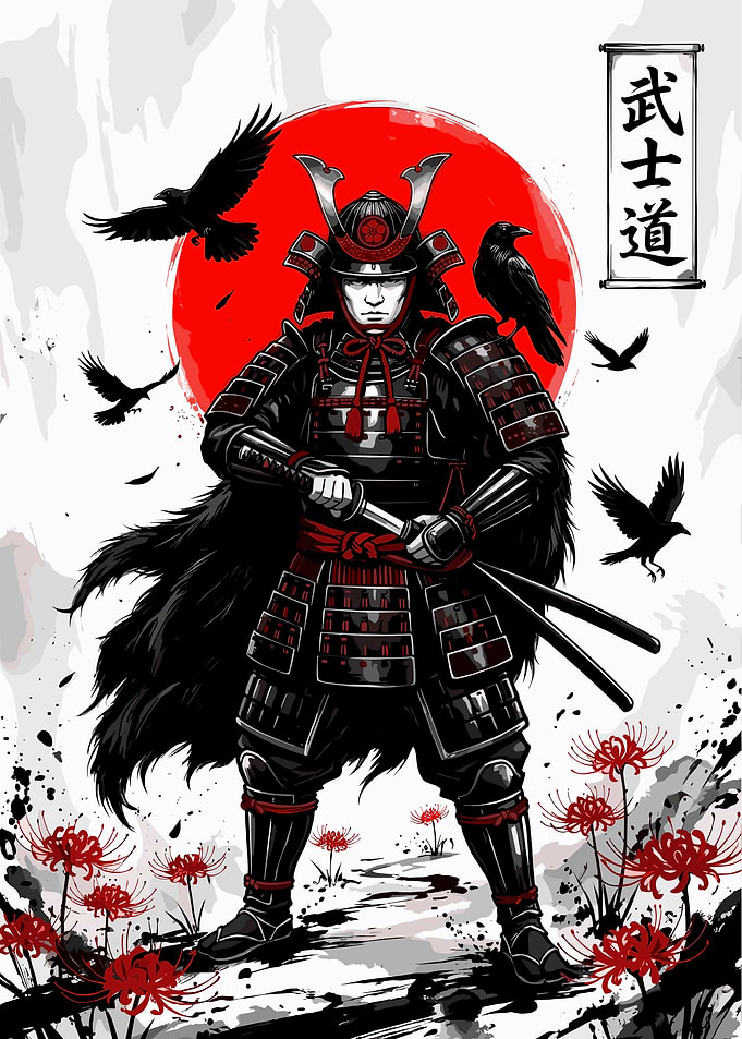 Samurai Warrior with Crows and Flowers