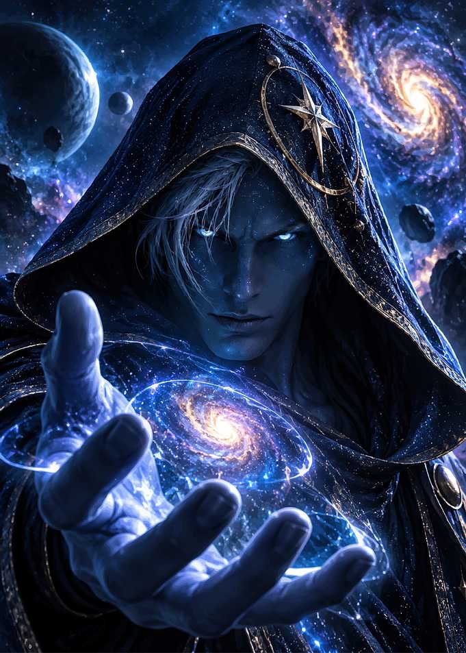 Cosmic Sorcerer Holding a Galaxy
