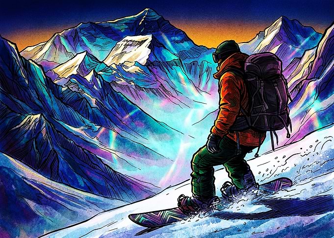 Snowboarder Carving Through Vibrant Mountain Peaks