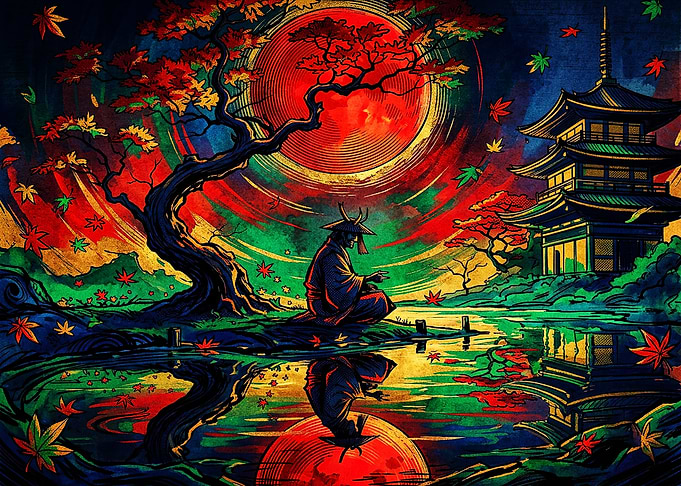 Samurai Meditating Under Red Moon