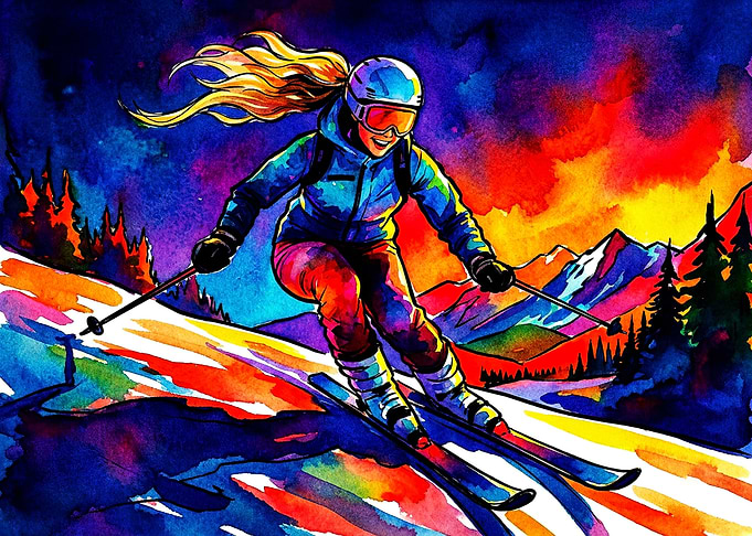 Vibrant Watercolor Skier in Motion