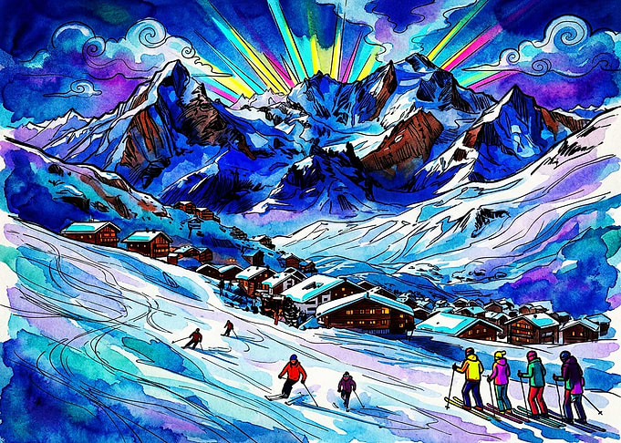 Vibrant Watercolor Ski Resort Landscape