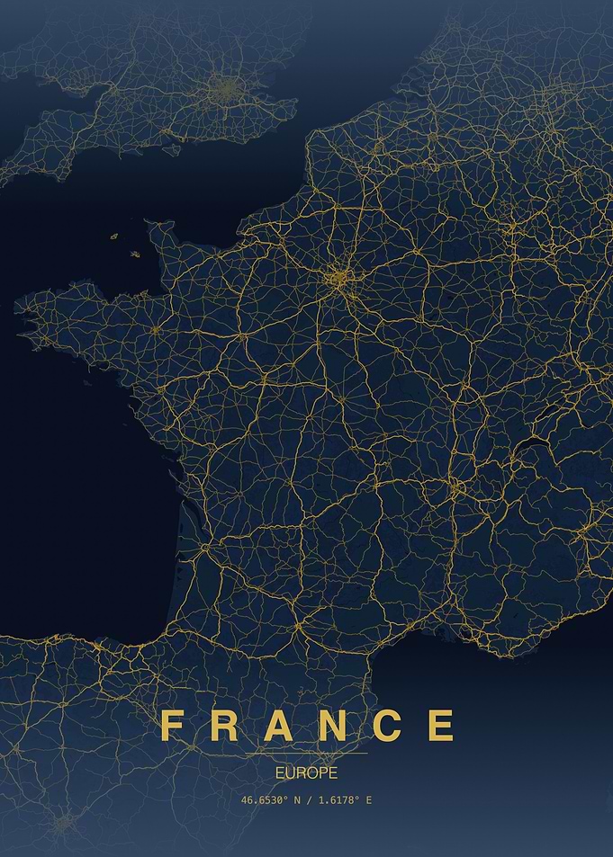 Minimalist Gold Road Map of France
