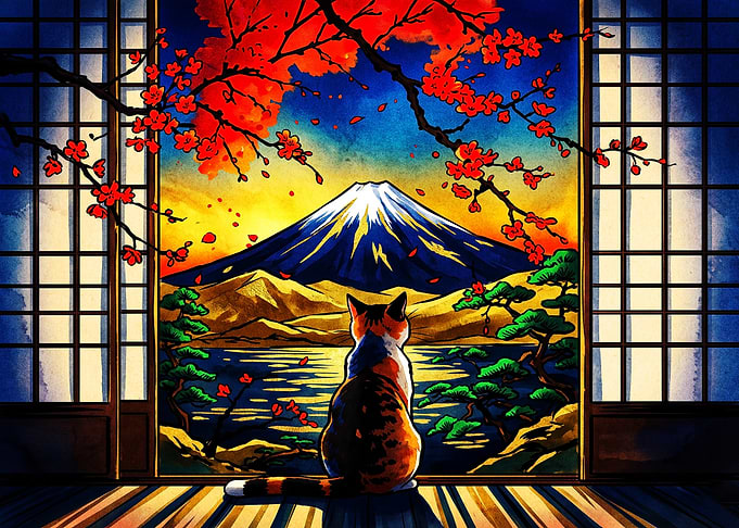 Cat Watching Mount Fuji View