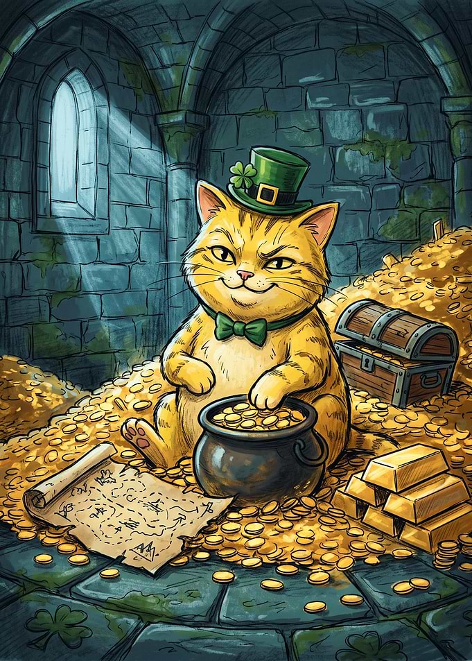 Leprechaun Cat with Gold Treasure