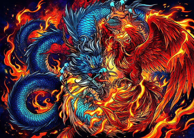 Epic Dragon and Phoenix Fire Battle