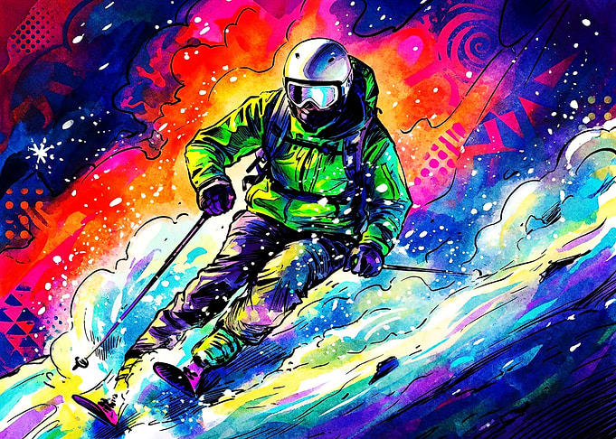 Vibrant Psychedelic Skiing Action Art
