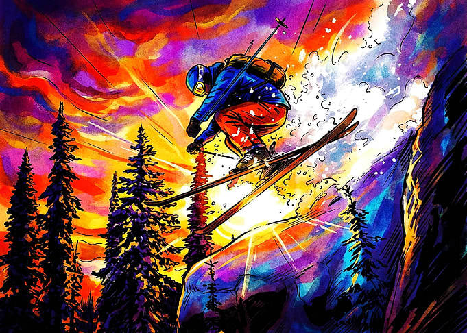 Vibrant Watercolor Skiing Action Art