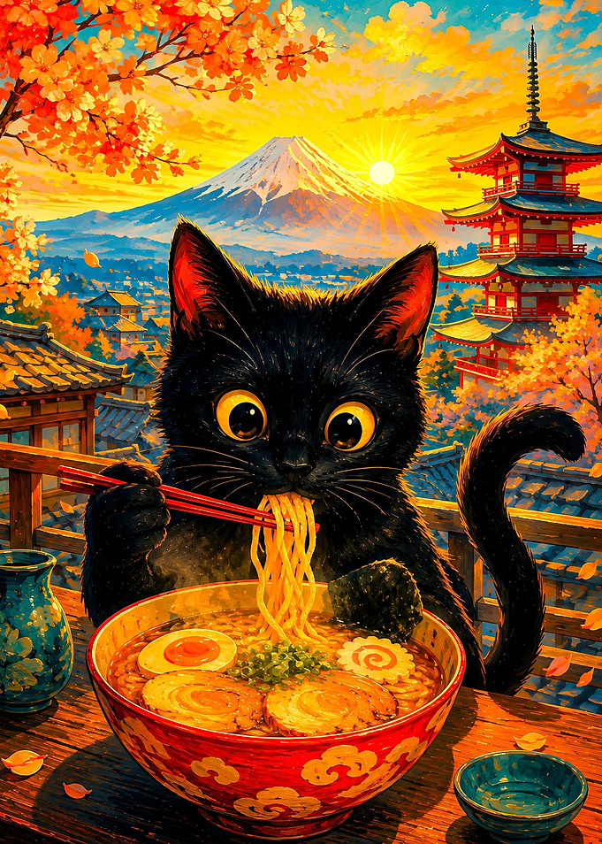 Black Cat Eating Ramen in Japan