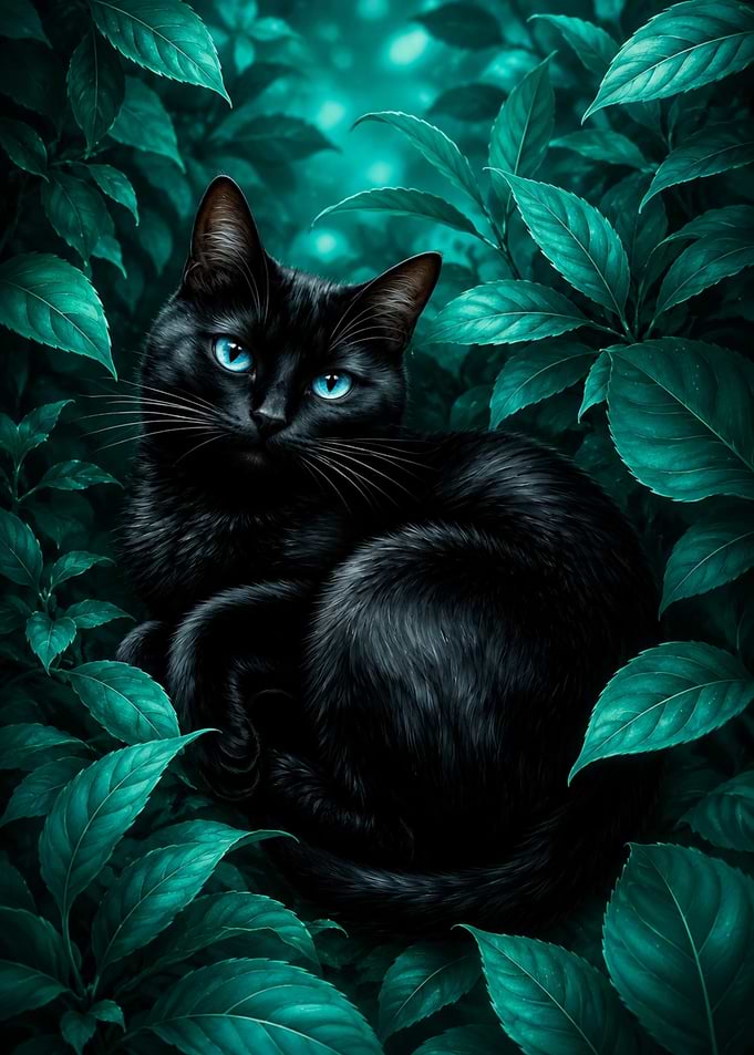 Black Cat in Teal Foliage