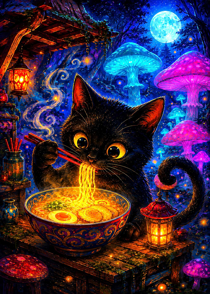 Black Cat Eating Ramen in Forest