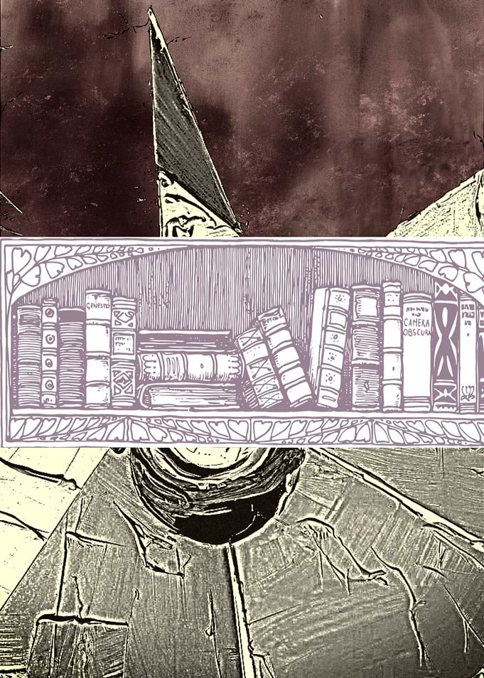 Surreal Bookcase and Pyramid Illustration