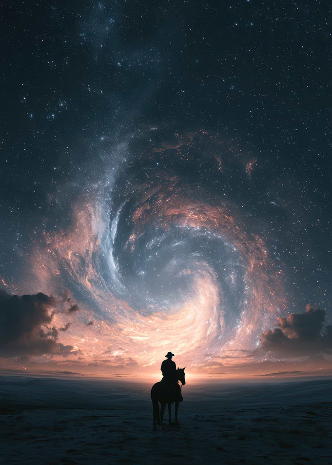 Cowboy Under a Cosmic Spiral Galaxy
