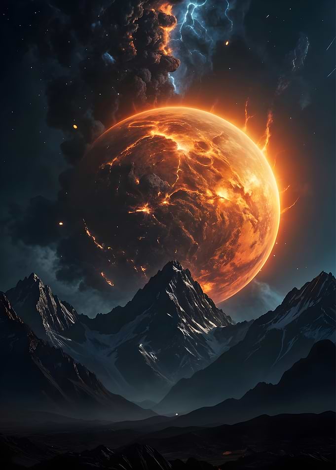 Fiery Planet Over Mountain Range