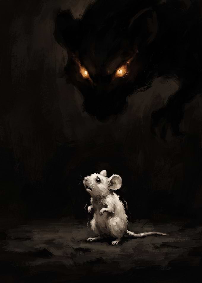 Small White Mouse Facing Shadowy Predator