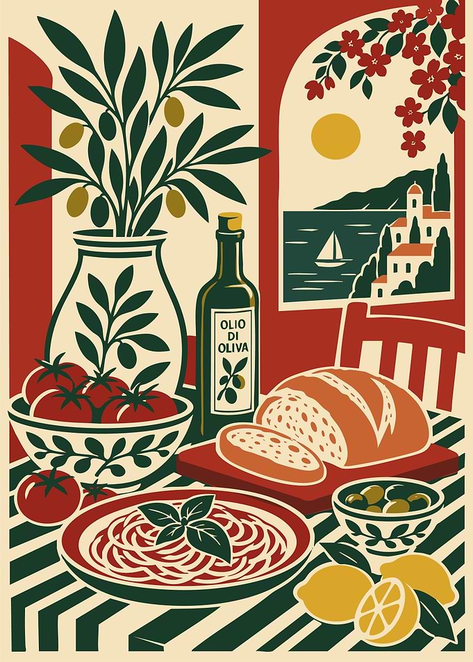 Mediterranean Italian Kitchen Wall Art - Vintage Tuscany Still Life Poster