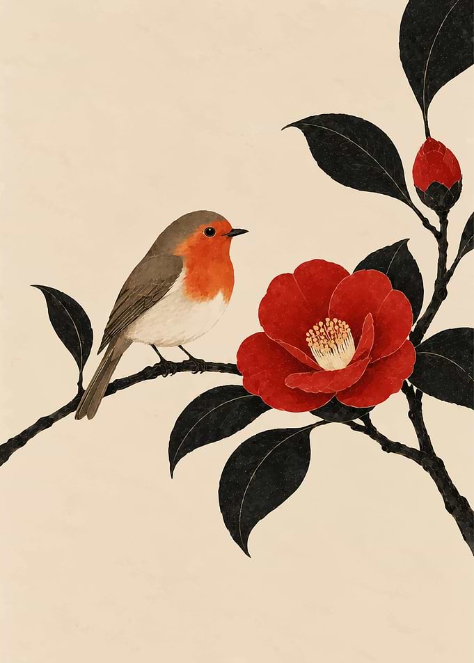 European Robin on Camellia Branch