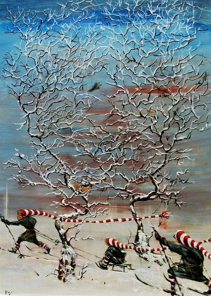 Elves Skiing in Snowy Winter Landscape