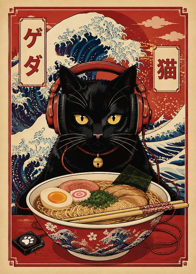 Black Cat Eating Ramen Poster
