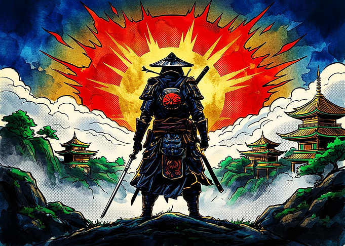 Samurai Standing Before Rising Sun