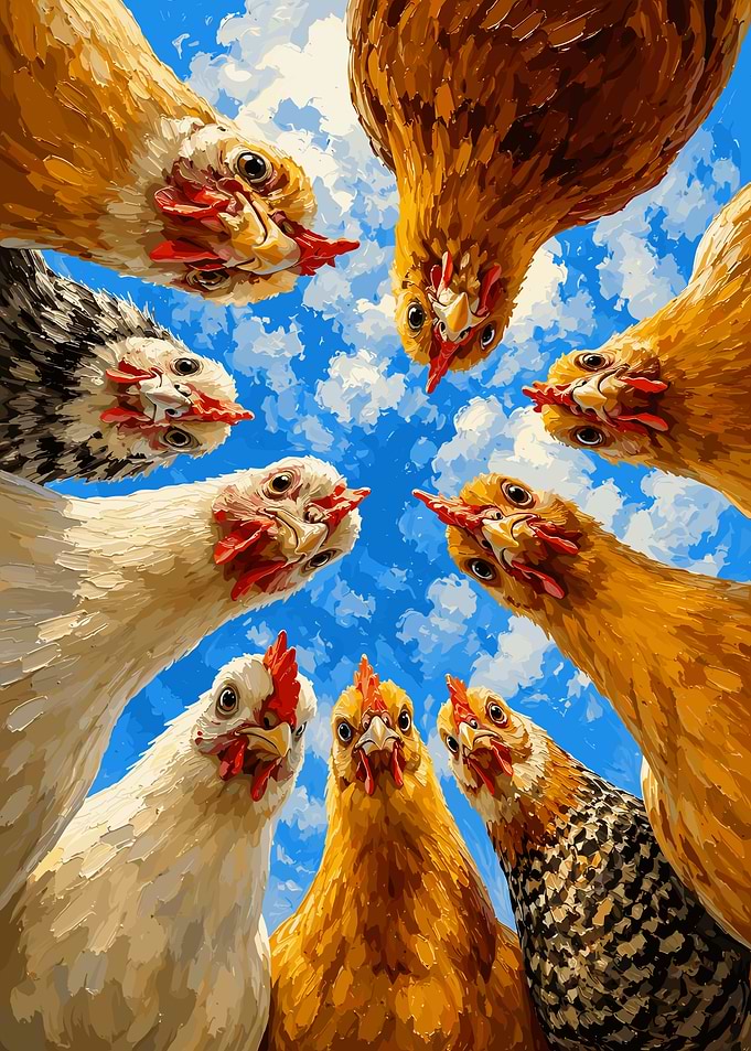 Group of Chickens Looking Down