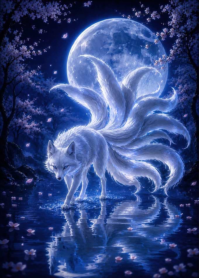 Nine-Tailed White Fox Under Moon