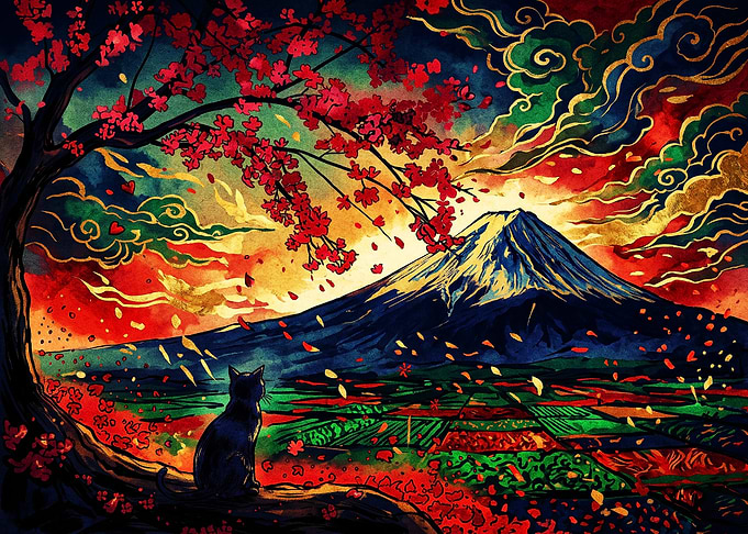 Black Cat Watching Mount Fuji
