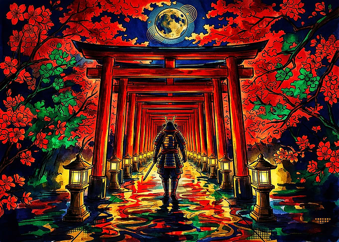 Samurai Walking Through Torii Gates
