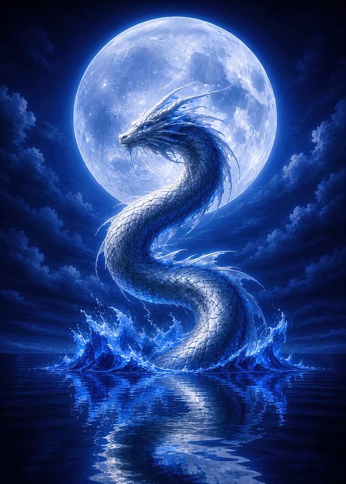 Majestic Blue Dragon Under Full Moon