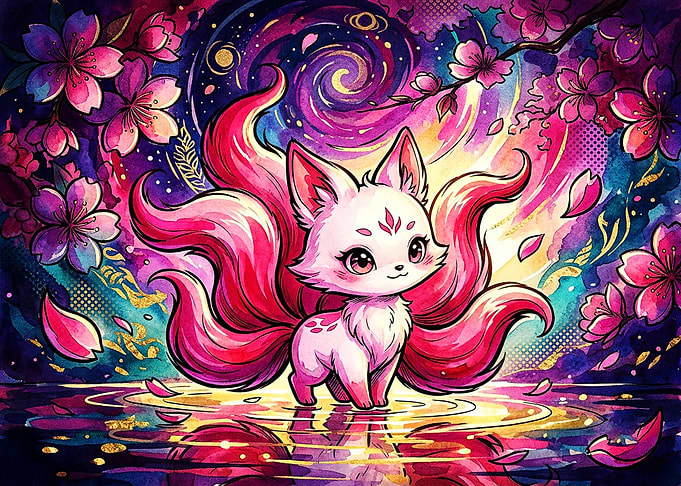 Cute Nine-Tailed Fox in Cherry Blossoms