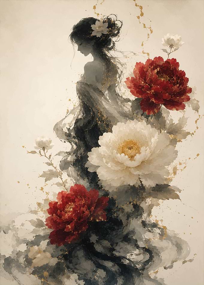 Ethereal Woman with Peonies Art