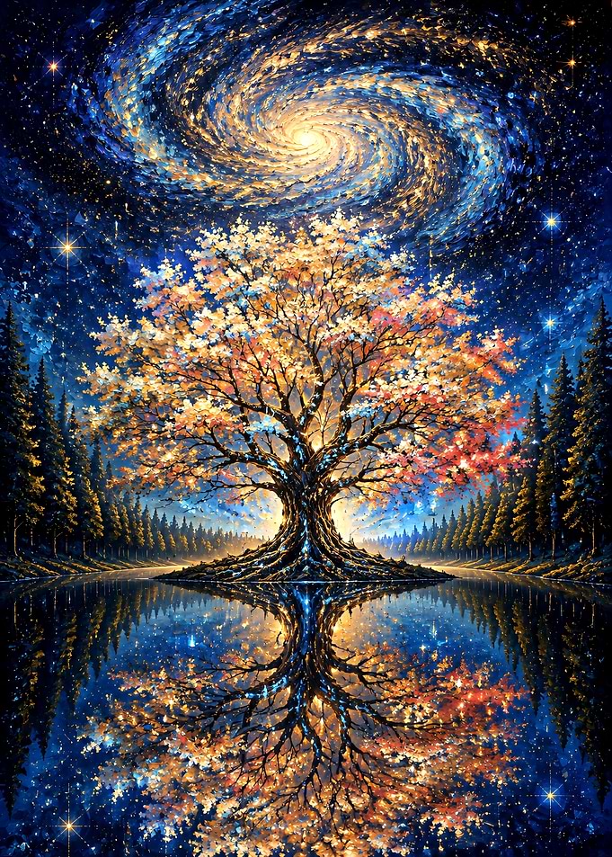Glowing Cosmic Tree by the Lake