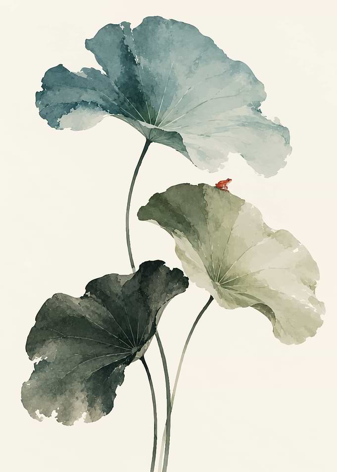 Watercolor Lotus Leaves with Small Frog