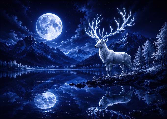Majestic White Stag Under Full Moon