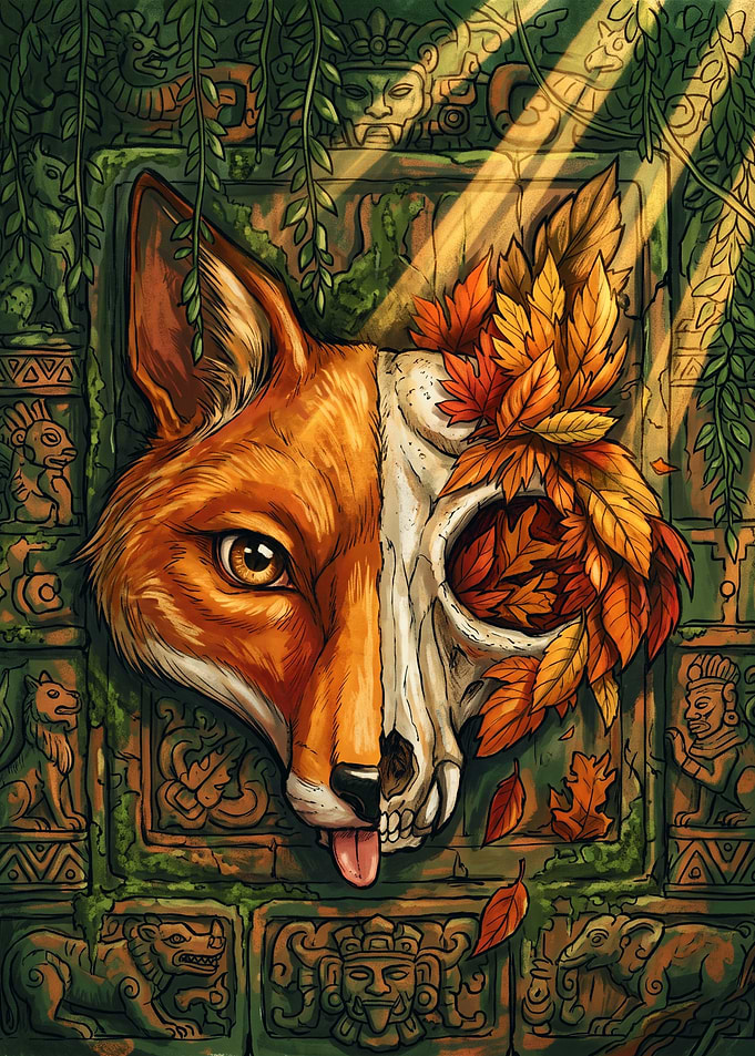 Fox and Skull Autumn Forest Art