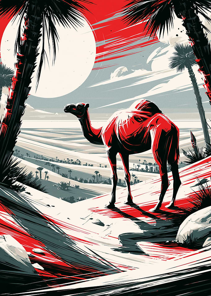 Stylized Camel in Red Desert